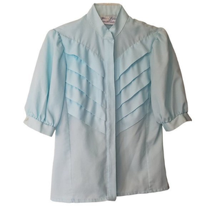 VINTAGE Jerrie‎ Lurie Collections Womens Size M   Ruffled Front Sort Sleeve Blue